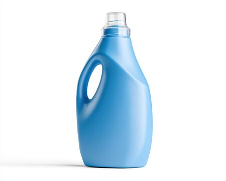 Empty blue plastic laundry detergent bottle isolated on white background