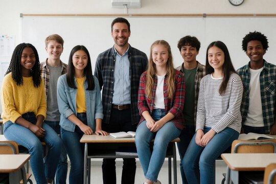 Happy multiracial students stand with male teacher inside school classroom. Diverse teenage boys, girls smile near wooden desk. Group of young friends classmates look at camera during lesson. People