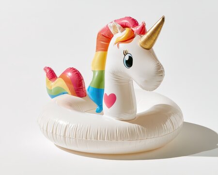 Inflatable unicorn pool float with rainbow mane and golden horn