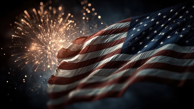 American Flag Waving with Fireworks at Night Celebrating Independence Day and Patriotism