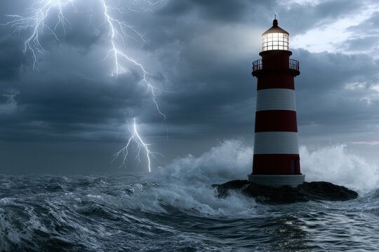 Lighthouse standing strong on rocky shore against turbulent ocean waves and dramatic lightning storm under dark ominous sky at night
