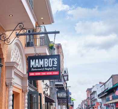 New Orleans, LA, USA - June 7, 2026: Mambo's Restaurant and Rooftop Bar on Bourbon Street in the French Quarter