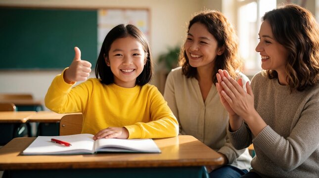 Young Asian girl gives thumbs up in sign language class. Teacher and assistant smile, clap. Inclusive education learning environment. Smiling student achieves success. School children learn.