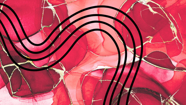 Abstract Red Alcohol Ink Background with Gold Veins and Modern Black Wavy Lines Luxury Texture