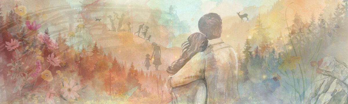 Romantic Watercolor Couple Embracing in Forest Landscape with Floral Memories and Dreamy Nature Illustration