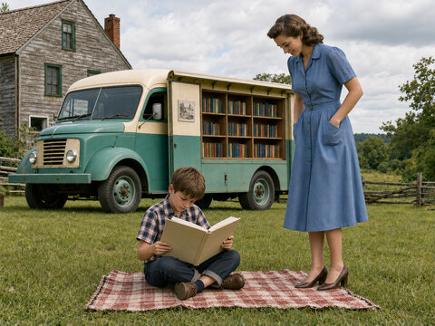 1950 Child reading beside a mobile library van in the countryside