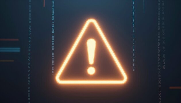 Glowing Digital Warning Icon with Binary Code Background