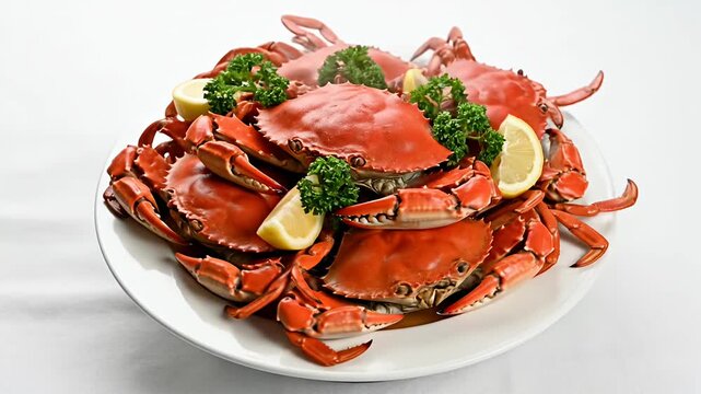Steamed red crabs with herbs on a white plate.
