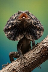 Obraz premium Frilled lizard perched on tree branch displays large neck frill. Open mouth shows aggressive posture of wild reptile. Brown scaly animal sits on bark against green background. Australian creature