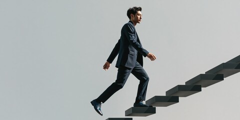 Fototapeta premium Businessman climbing floating staircase background with minimalist composition for corporate banner and creative background design