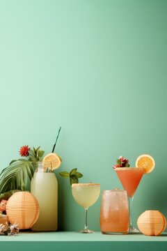 Summer Cocktails Decorated with Fresh Fruits and Tropical Accents on Green Background