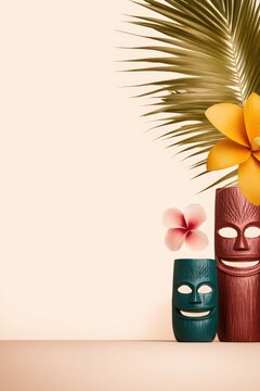 Vibrant Tropical Decor with Colorful Tiki Masks and Floral Accents on a Soft Background