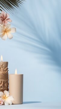 Serene Tropical Decor with Candles and Flowers Against a Soft Blue Background for Relaxation