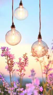 Elegant Glass Light Bulbs Hanging Above Lavender Flowers at Sunset: A Tranquil Outdoor Scene