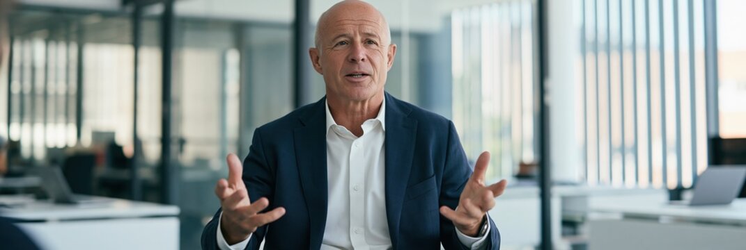 Senior executive speaking with open hands for interview or leadership presentation in modern office background