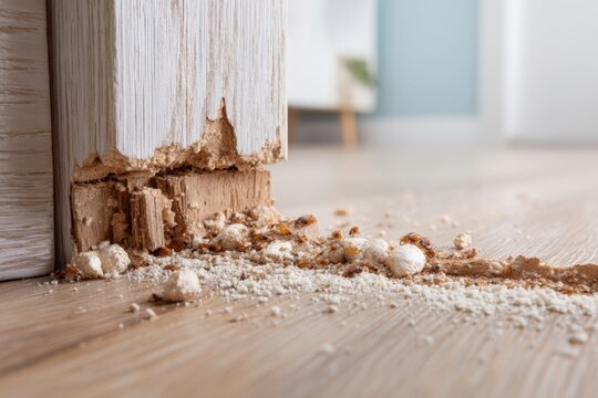 Termites infesting and damaging wooden door frame with wood debris and insect eggs scattered on the floor inside a home interior setting