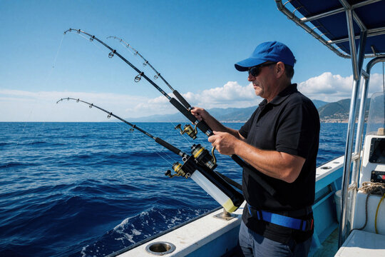 Mature fisherman holds two bent rods on motor boat in open blue ocean water. Senior man enjoys deep sea angling sport during summer vacation trip. Pro angler uses trolling tackle gear for big fish