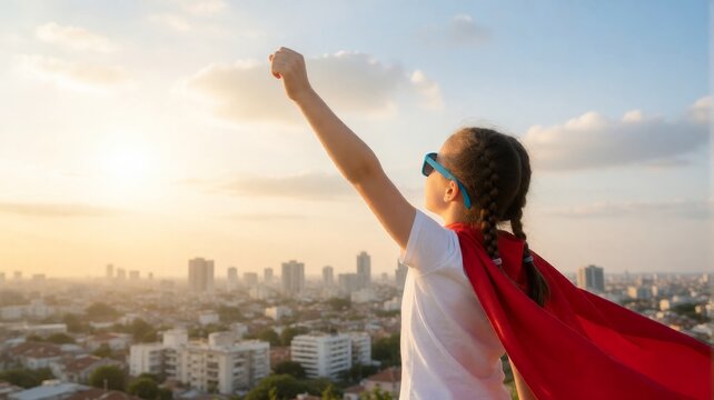 Little Superhero Child Standing Tall Over Cityscape at Sunset