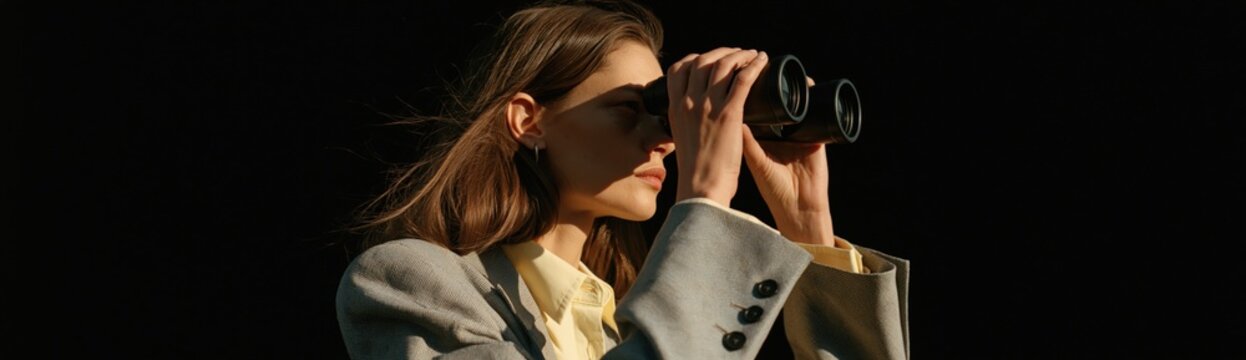 Woman scanning horizon with binoculars against black backdrop for scouting and exploration background banner wallpaper