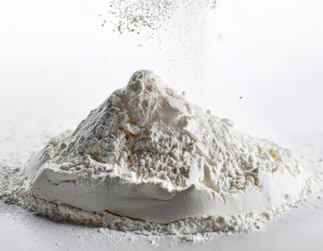 close up photo of white flour being thrown into the air against a white background highlighting the fine details of the texture perfect for food and bakery photography with studio lighting