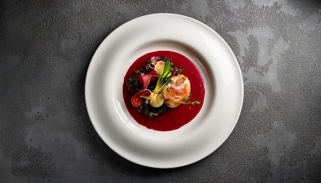 culinary food dish on white plate high end restaurant style overhead view fine dining presentation with red sauce and fresh vegetables grey concrete background