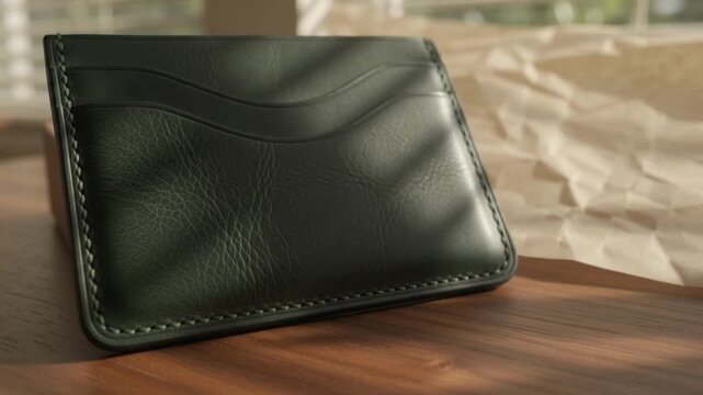 A dark green leather magnetic card holder wallet resting on a wooden surface in warm natural sunlight with soft window shadows.