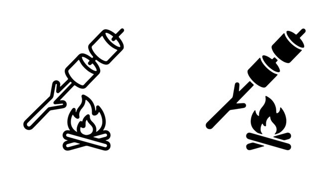Marshmallows roasting on campfire, camping food icon, outdoor cooking vector set