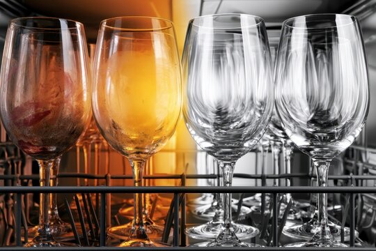 Dirty and clean wine glasses side by side inside a dishwasher rack with warm orange and cool gray lighting contrast background