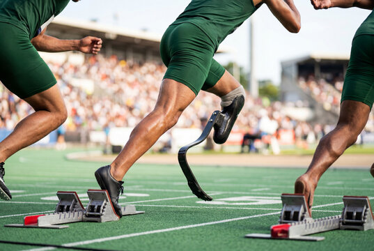 Sprinters at the starting line with one athlete using a carbon fiber prosthetic running blade