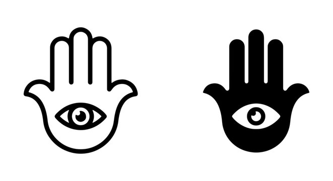Hamsa Hand Icons, Evil Eye Protection Symbols, Mystical Talisman Vector Graphics, Black White Outline