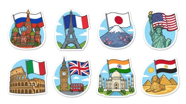 Landmark illustrations with national flags colorful vector graphics on a white background architecture buildings cityscape cultural destinations eiffel tower flag france geometric globe