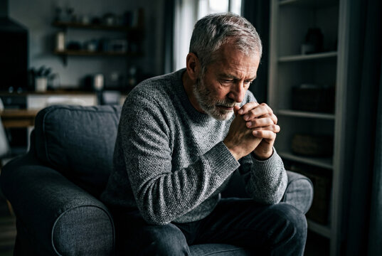 Thoughtful senior man sitting alone on armchair at home