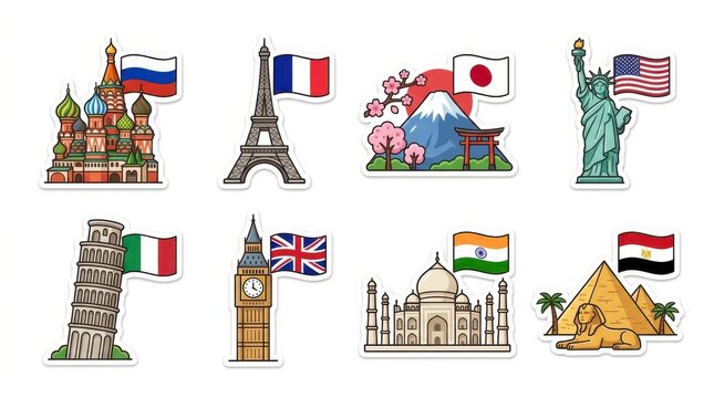 Landmark illustrations with national flags colorful vector graphics on a white background architecture buildings cityscape cultural destinations eiffel tower flag france geometric globe