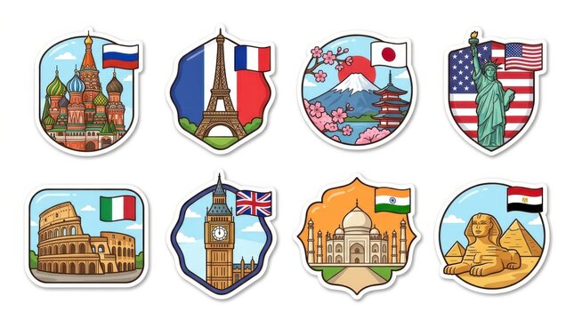 Landmark illustrations with national flags vector graphics on white background architecture asia big ben colosseum cultural heritage destination eiffel tower egypt flag france