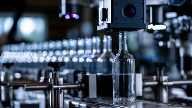 Industrial glass bottle inspection on automated conveyor system using advanced camera technology for quality control in manufacturing process
