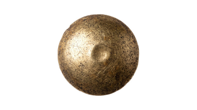 Aged scratched brass upholstery tack nail head on a transparent background