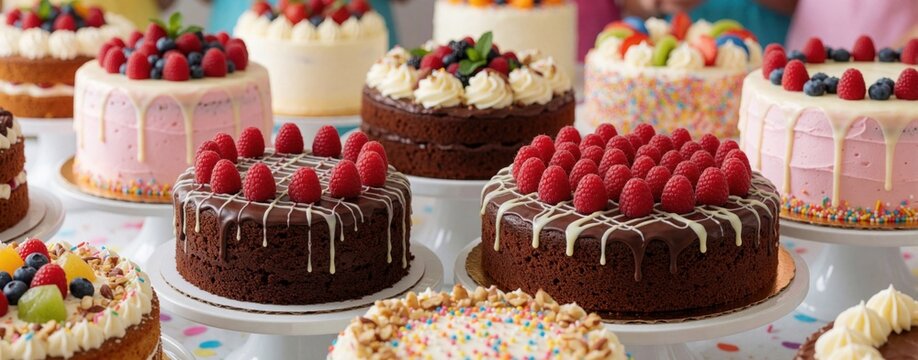 Many sweet cakes sit on white stands at charity bake off event. Tasty desserts feature fresh berries, colorful sprinkles for public auction. People participate in community competition to support