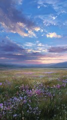 Obraz premium Serene field of wildflowers under a vibrant sky, perfect for mobile wallpaper.