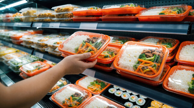 Person selects prepackaged meal from refrigerator shelf in grocery store. Convenient, ready to eat food options are displayed in clear containers with orange bases.