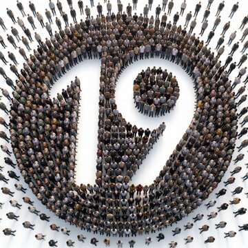 Large group of people standing together forming number nineteen on white ground. Many men, women gather to create visual shape for business event anniversary celebration. Multitude of humans assemble
