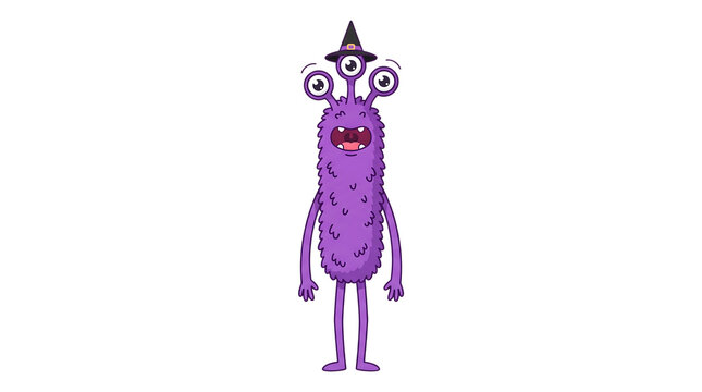 Cute purple furry monster with three eyes wearing a small black witchhat isolated on a white background transparent background