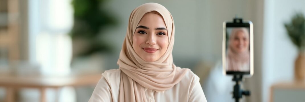 Young Muslim woman wearing a beige hijab smiling while recording a video call or online presentation with a smartphone in a modern home setting.