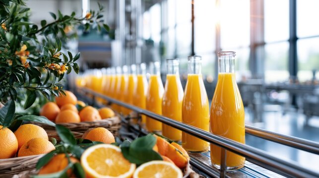 Factory production line with glass bottles filled with fresh orange juice surrounded by ripe oranges and green leaves in a bright industrial setting