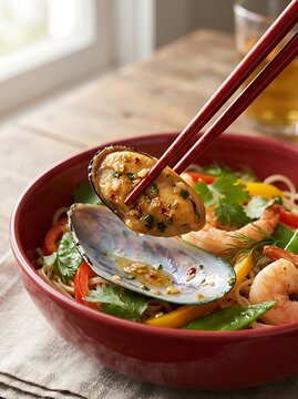 Asianinspired seafood noodle bowl with fresh vegetables and chopsticks