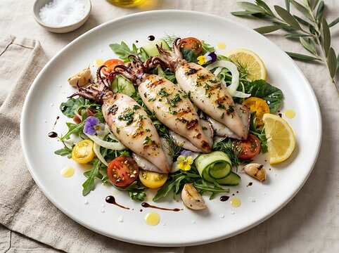 Grilled Calamari and Fresh Salad with Lemon and TomatoesA Delicious Seafood Meal
