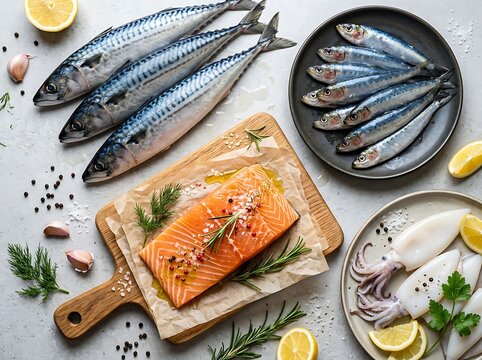 Fresh assorted raw seafood including mackerel salmon and squid arranged with lemon and herbs