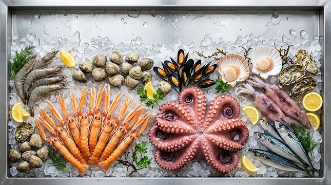 Assortment of fresh seafood and shellfish displayed on crushed ice with lemon slices