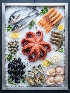 Assortment of Fresh Seafood and Shellfish Presented on Crushed Ice Display