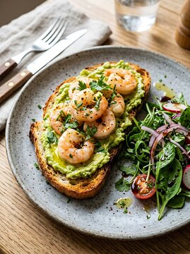 Delicious avocado toast topped with grilled shrimp and fresh parsley served with side salad