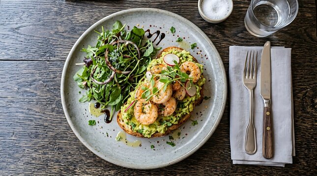 Delicious avocado toast topped with grilled shrimp and a side of fresh green salad